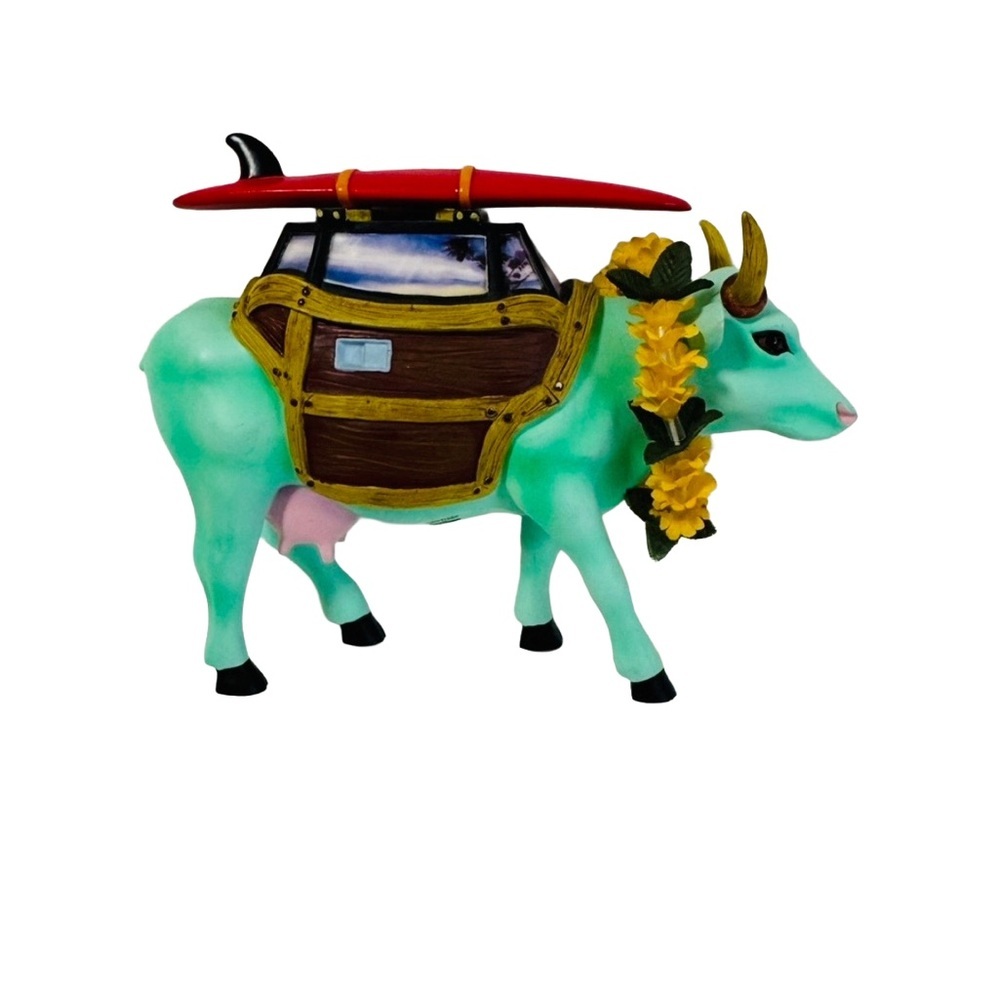 Mint Green Cow Figurine with Surfboard – Cute Beachy Novelty Decor